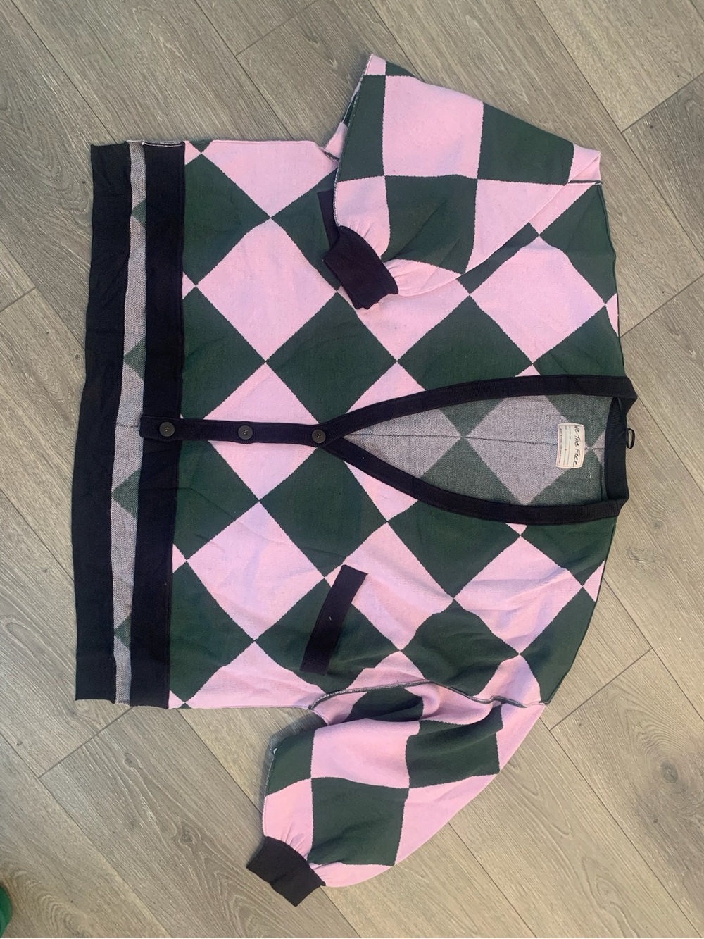 Free People We The Free Manny Green Pink Checkered Oversized Cardigan Sweater S - Picture 2 of 4